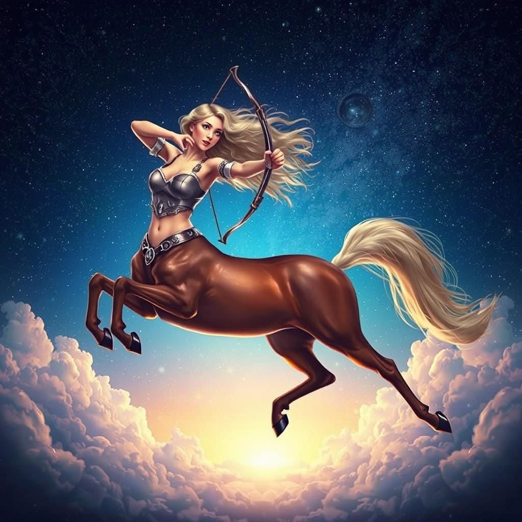 Female Centaur Leaping Through Starry Night Sky