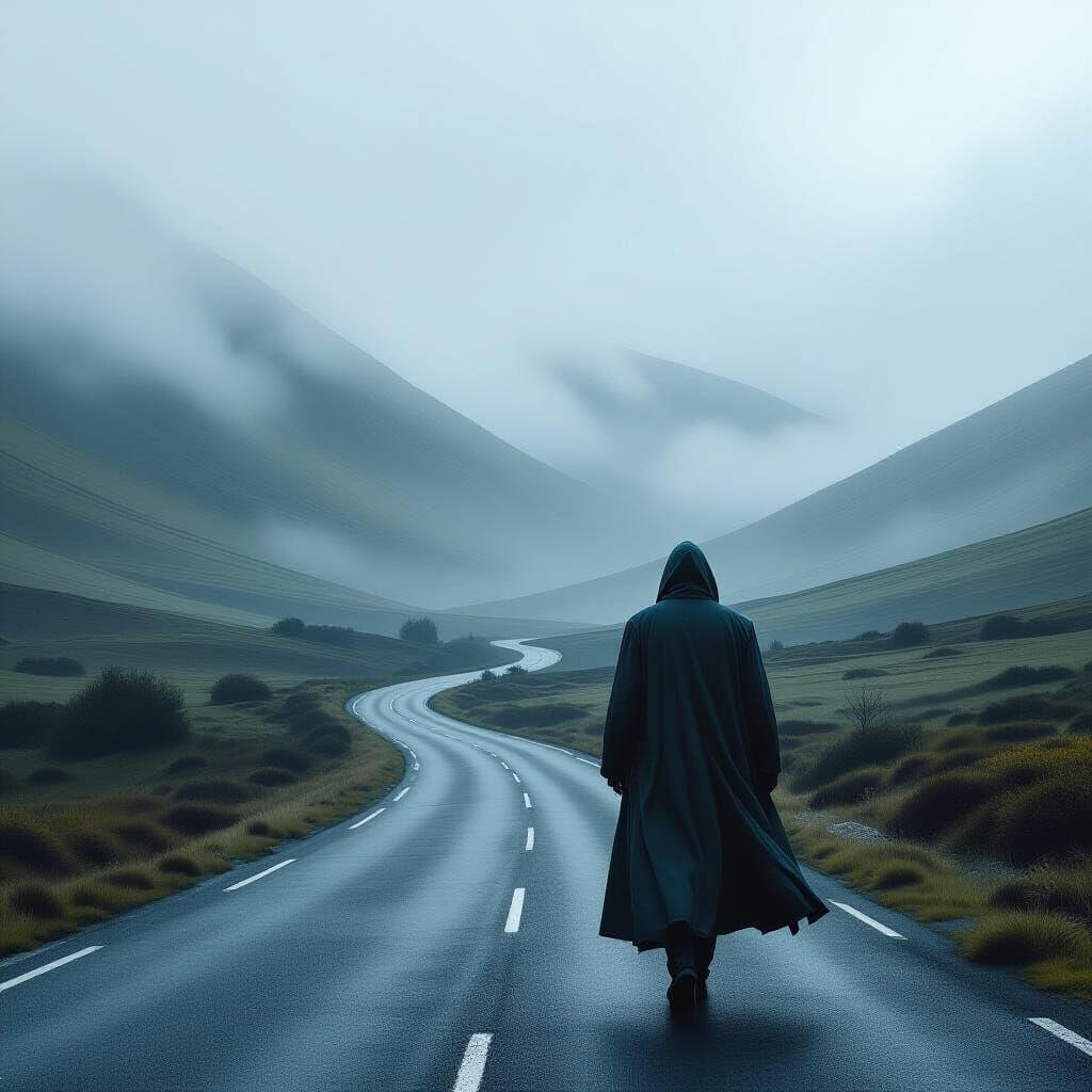 Mysterious Figure on Misty Road in Digital Painting Style