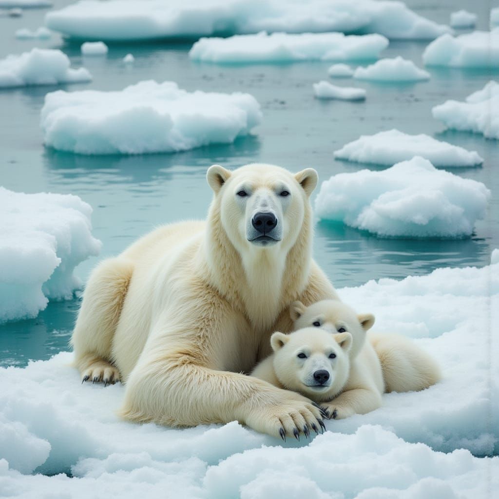 Polar Bear Family Resting on Ice, Painterly Style