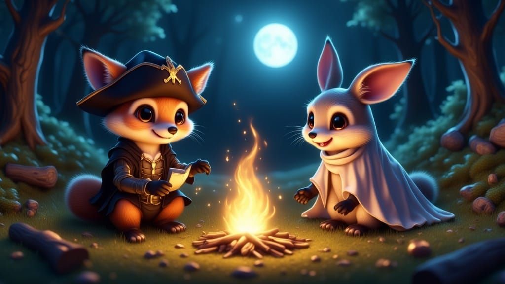 Woodland Creatures Gathered Around Campfire