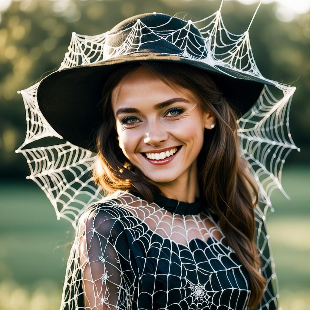 Woman in Cobweb Dress and Hat