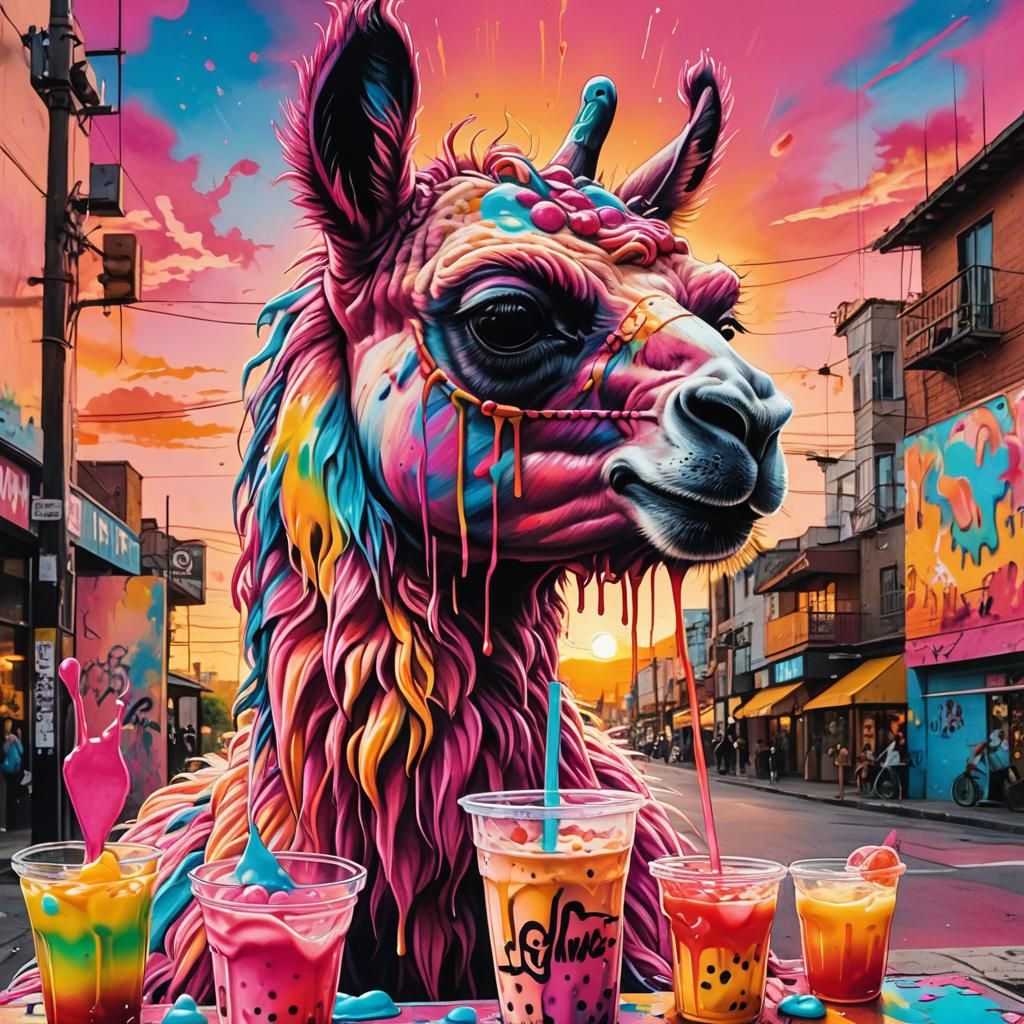 Pink Llama Boba Tea Graffiti Art Sunset