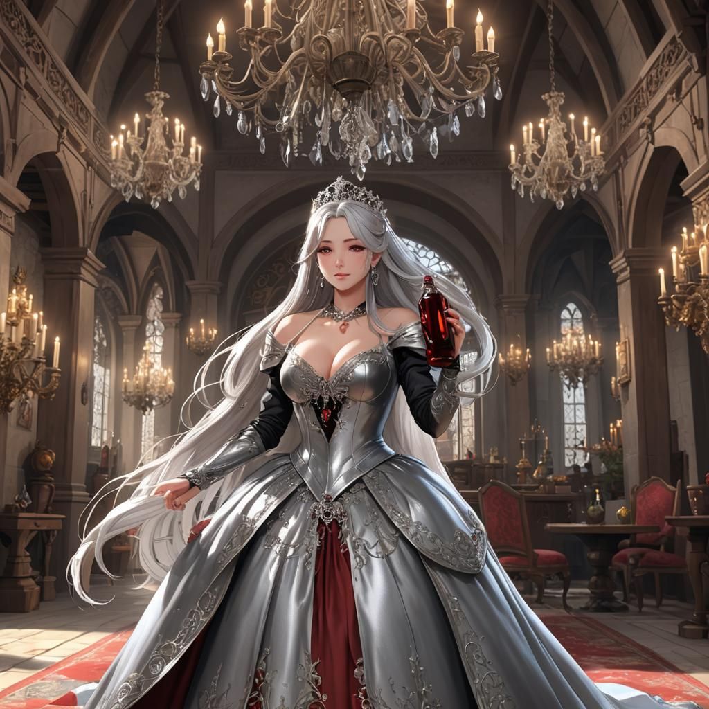 Anime Princess Bowing in Medieval Room, 3D Art