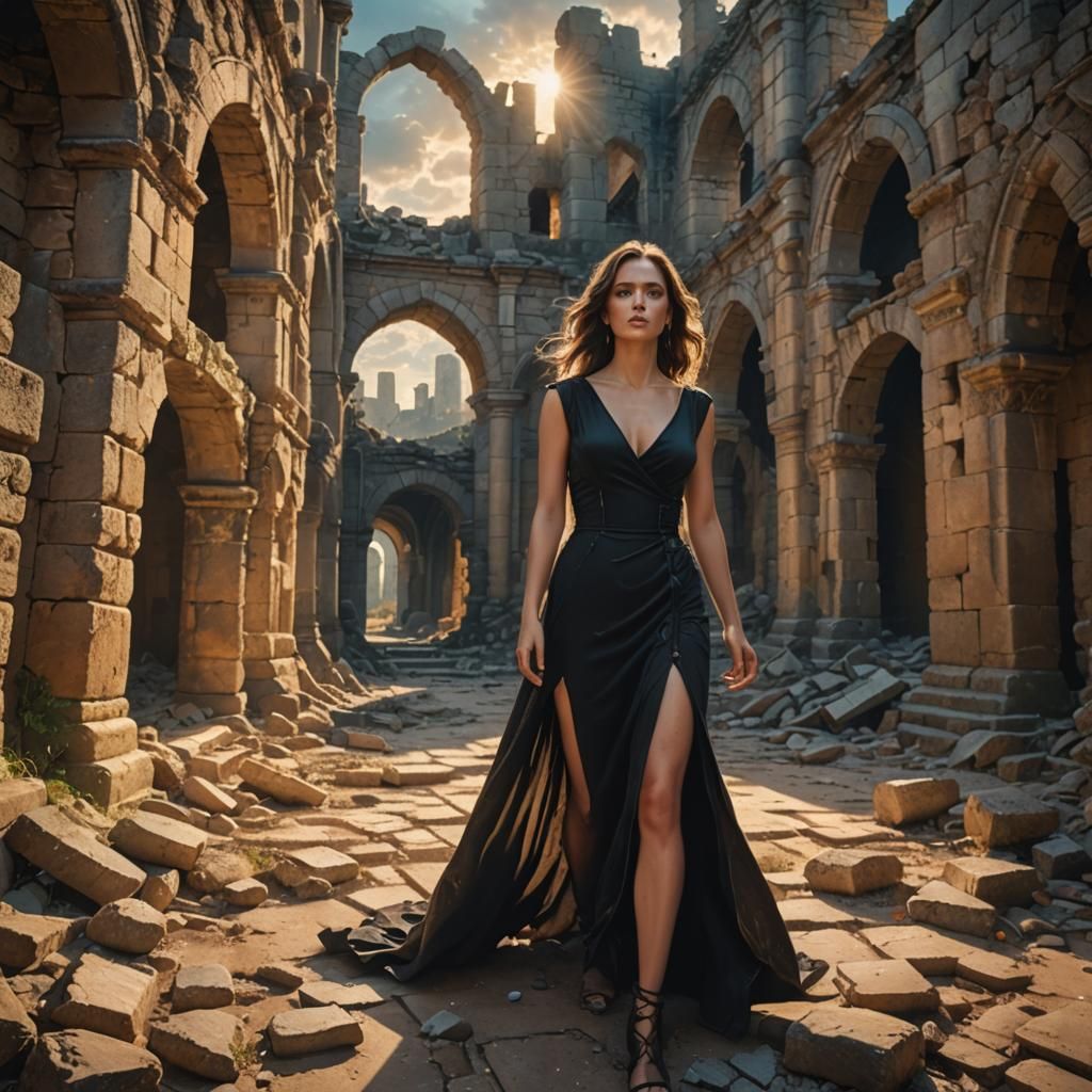 Woman in Black Dress in Ruined Castle, Hyperrealistic Art