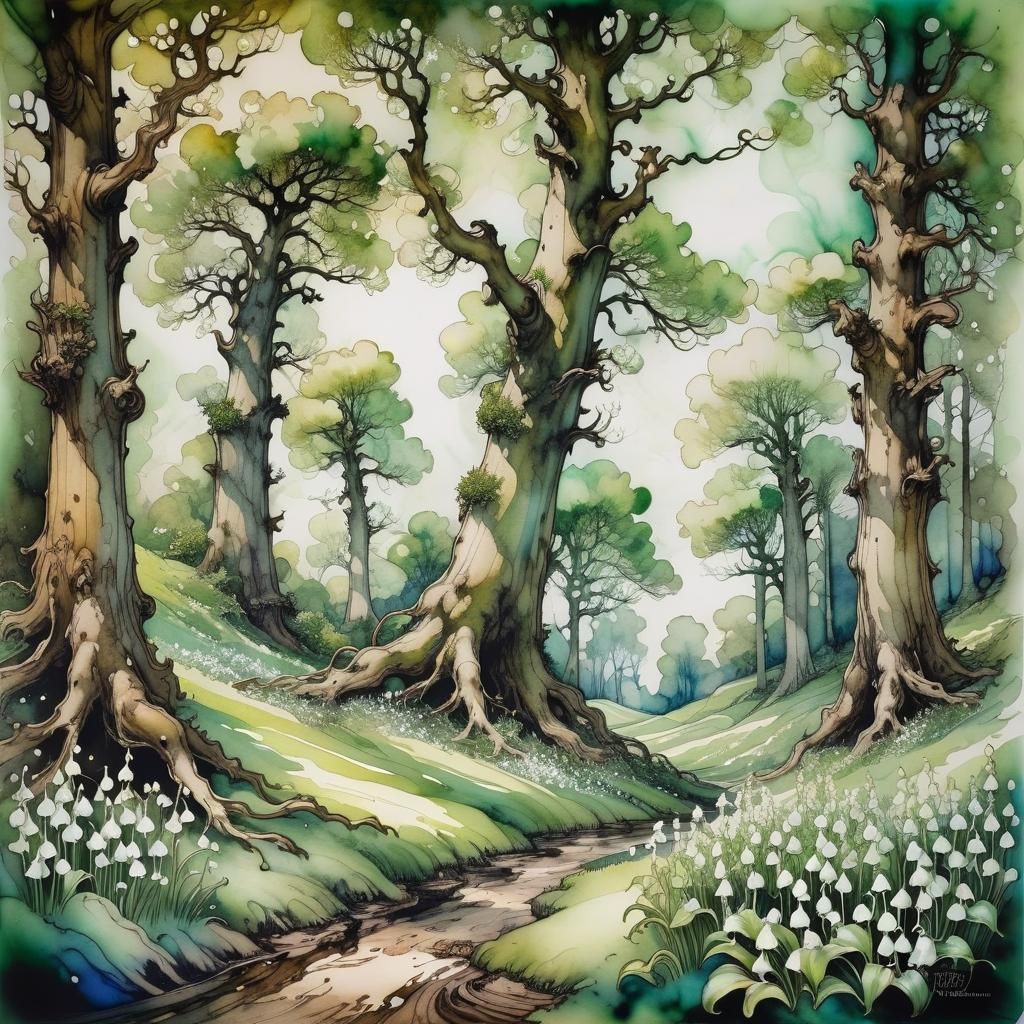 Lily of the Valley Forest, Arthur Rackham Style