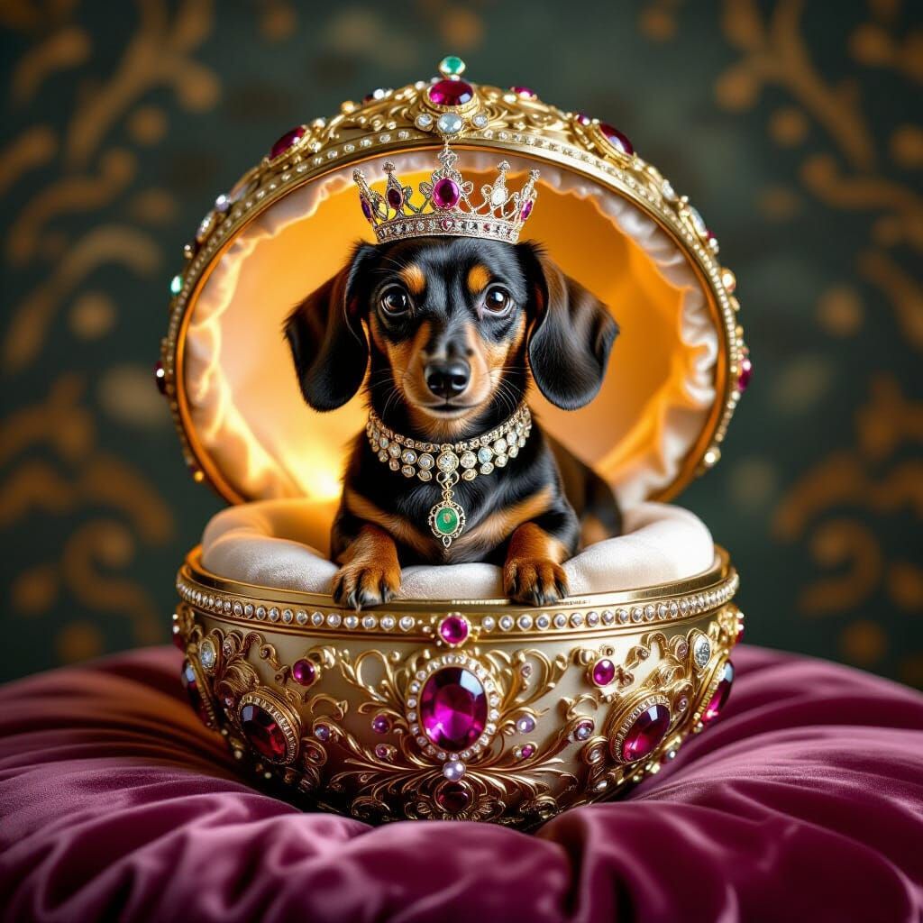 Dachshund in Fabergé Egg, Art Nouveau Steampunk Style
