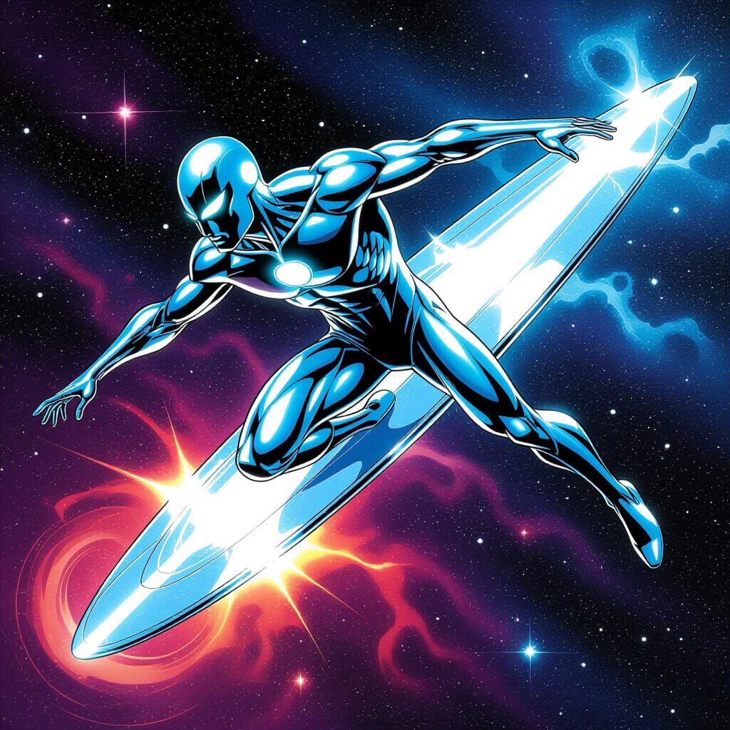 Silver Surfer Soaring Through Space in Sci-Fi Style