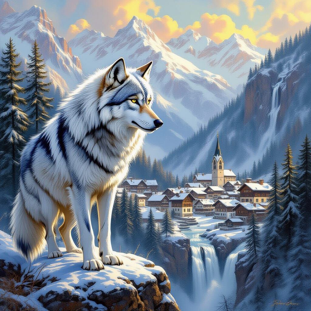 Wolf Overlooking Tyrolean Village in Oil Painting Style