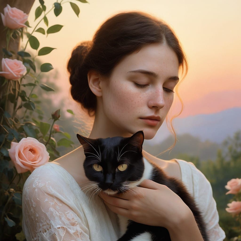 A Serene Woman and Her Black and White Cat in Warm Golden Li...