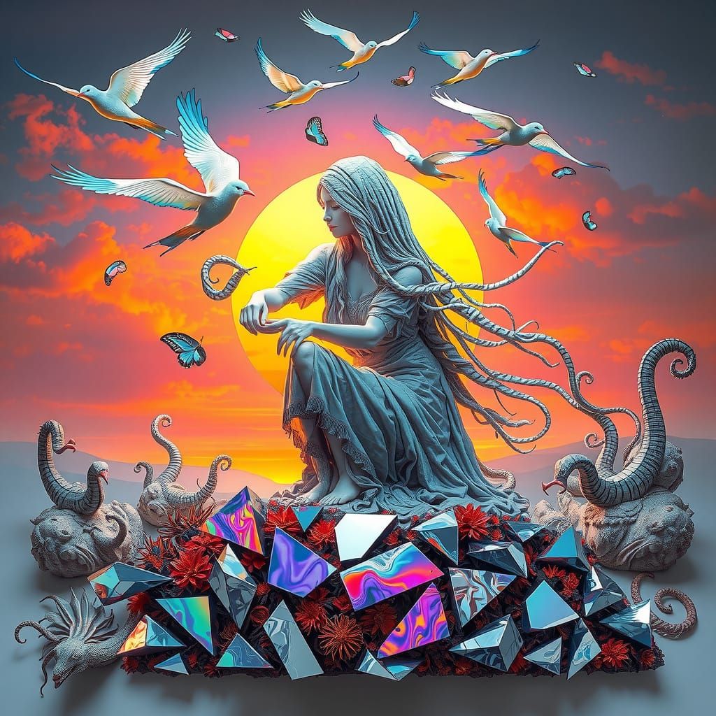 Surrealist Masterpiece: Woman Embracing Transformation Amids...