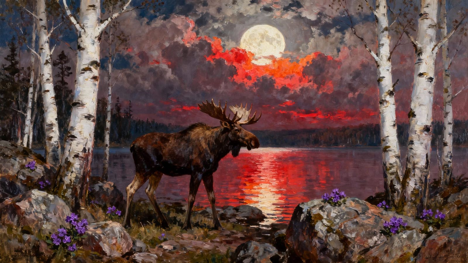 Moose by Moonlit Lake in Oil Painting Style