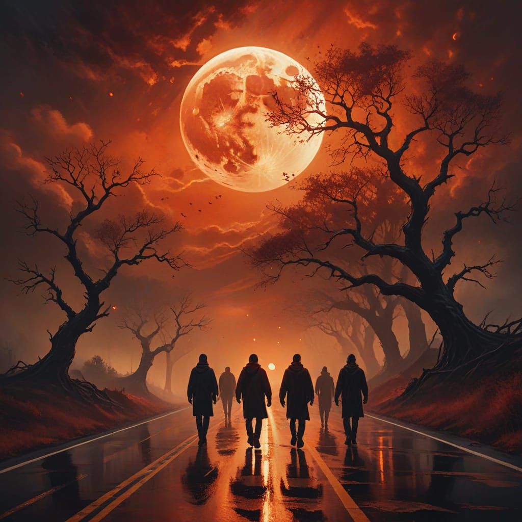 Ominous Highway Under Blood Moon in Oil Painting Style