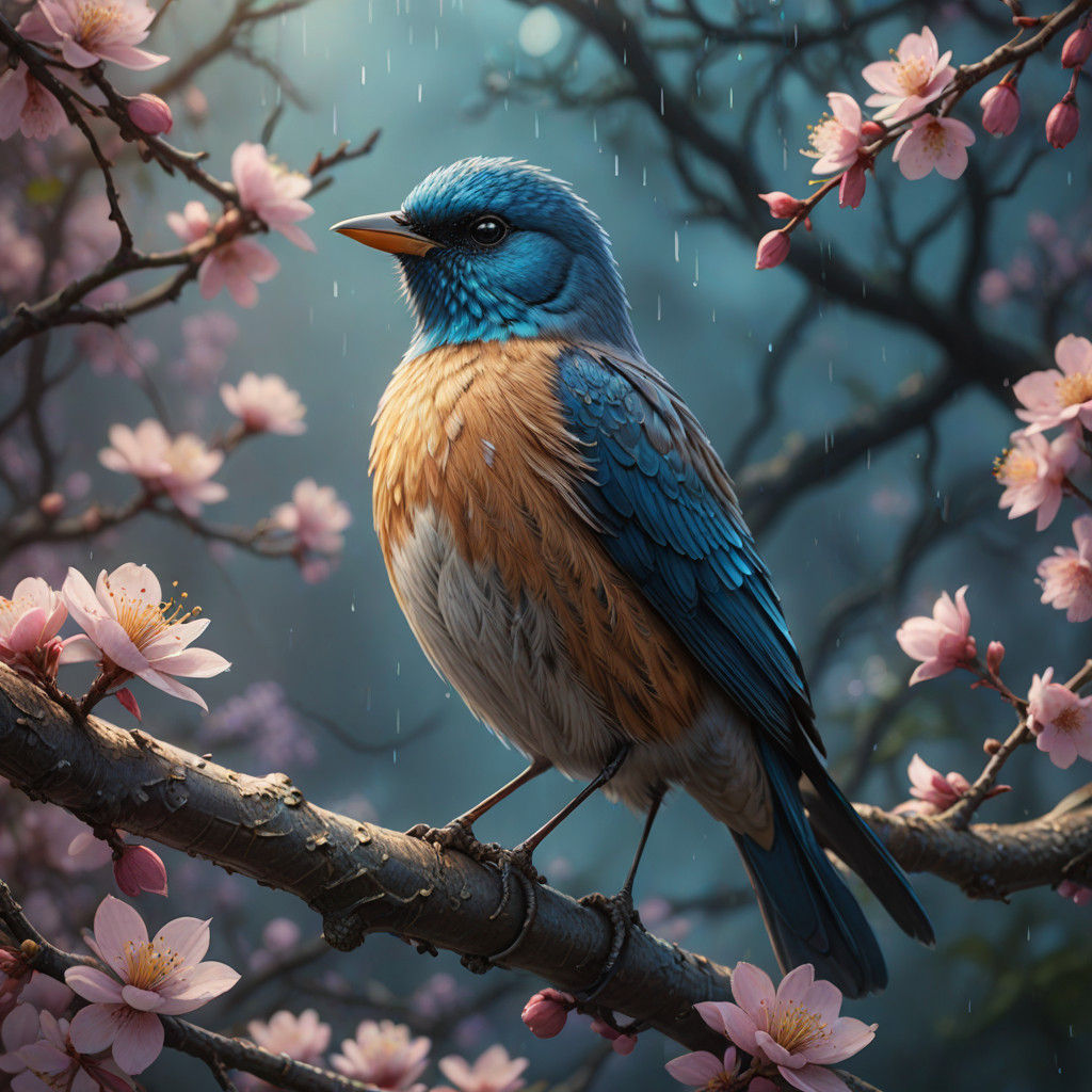 Ethereal Bird on Blossoming Branch, Fantasy Art