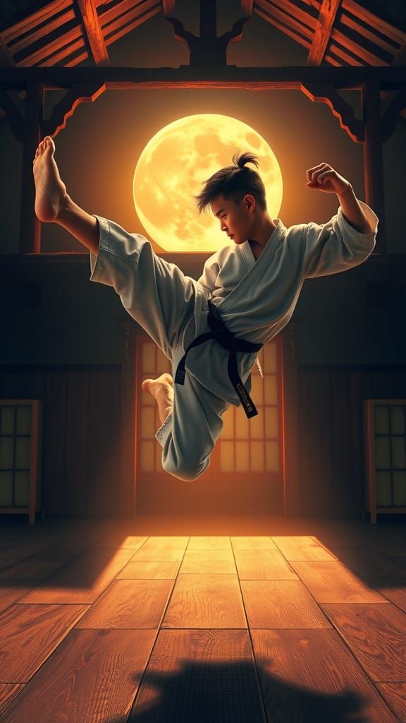 Martial Artist Kicks Under Moonlit Dojo