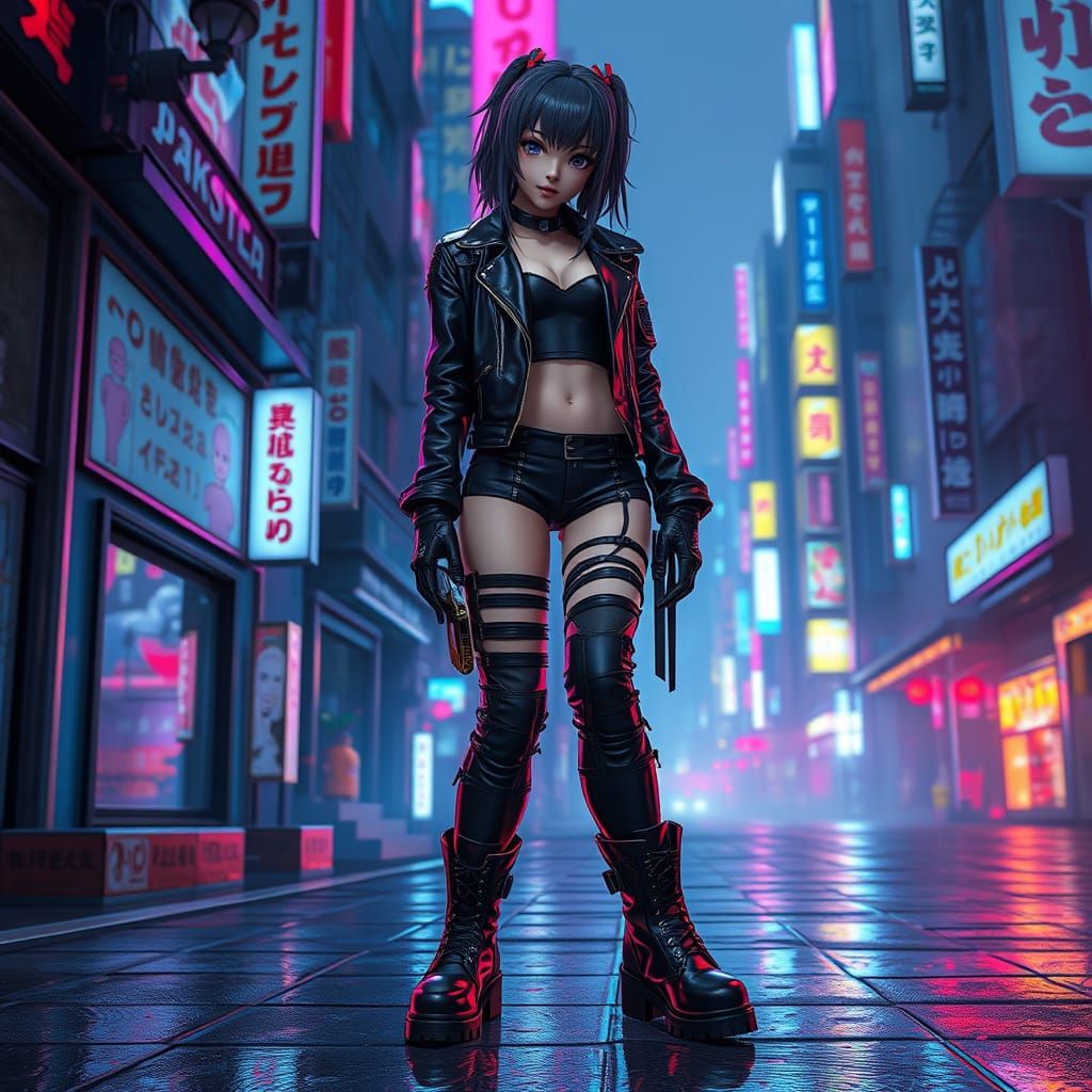 Cyberpunk Woman in Neon Japan: 3D Anime Art