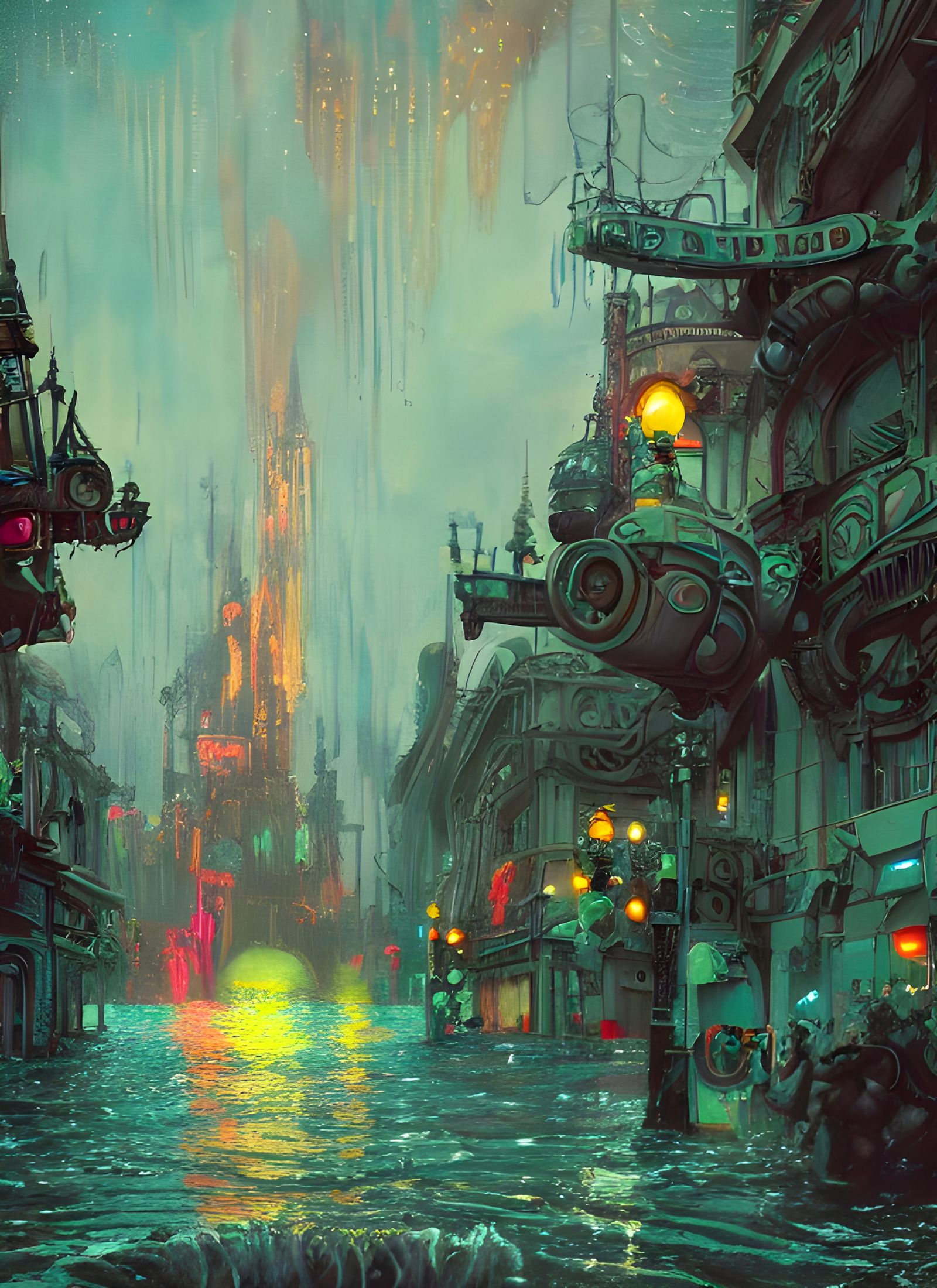 Post-Apocalyptic Flooded Disneyworld in Art Nouveau Style