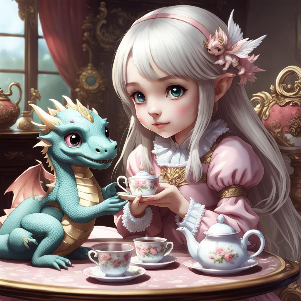 Princess and Dragon Tea Party in Anime Style