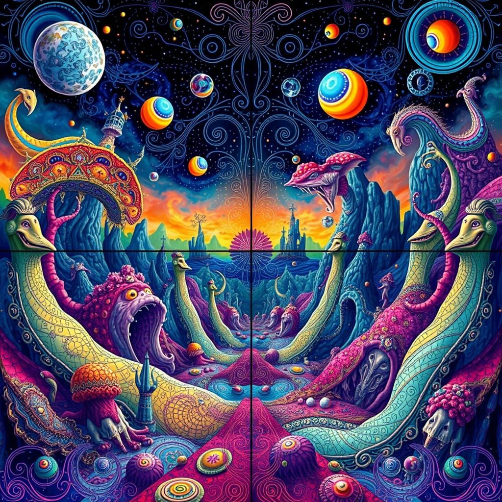 Psychedelic Surrealist Fairytale Realm in Vibrant Quadptych