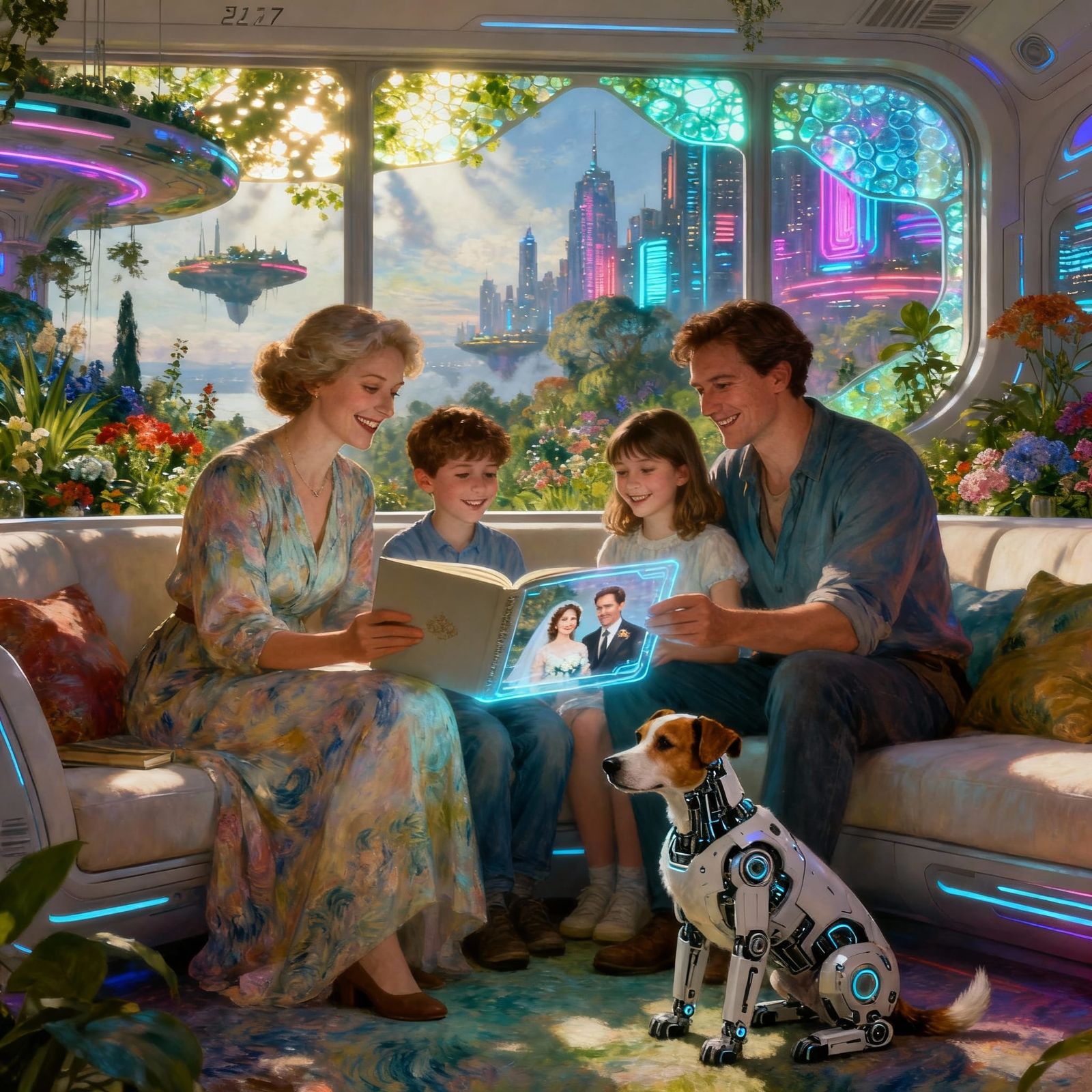 Family Enjoys Holographic Album in Futuristic Floating City