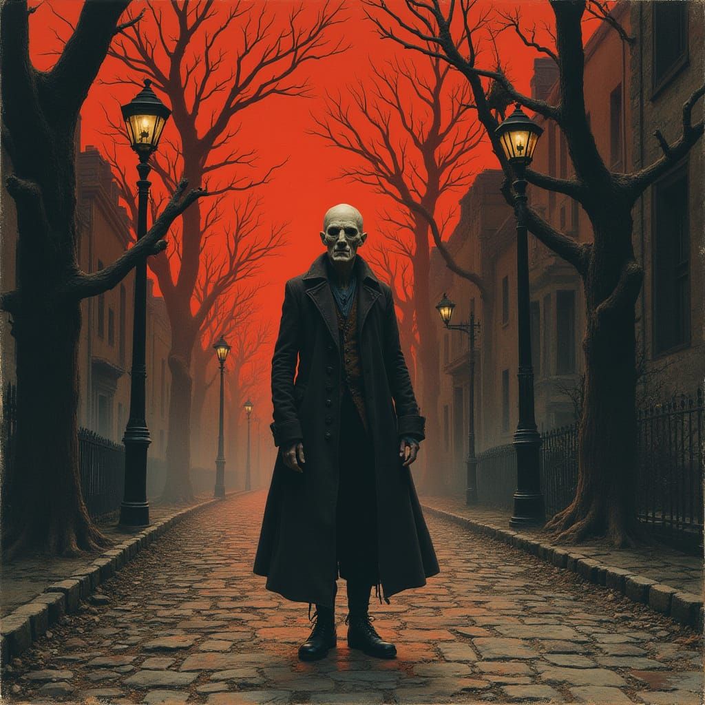 Ethereal Gothic Figure in a Haunted, Victorian Street Scene