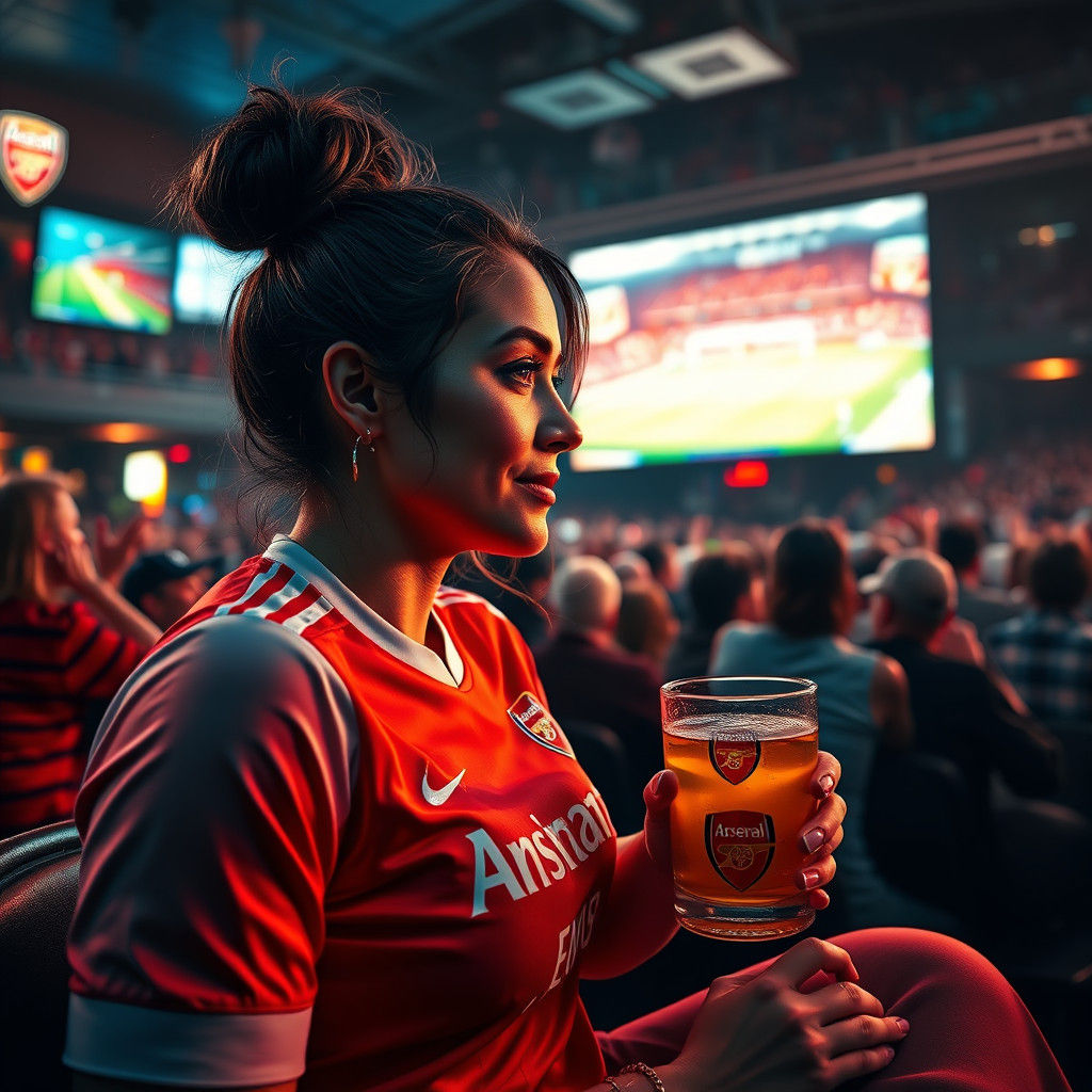 Arsenal Fan Watching Match in Bar, Digital Art Style