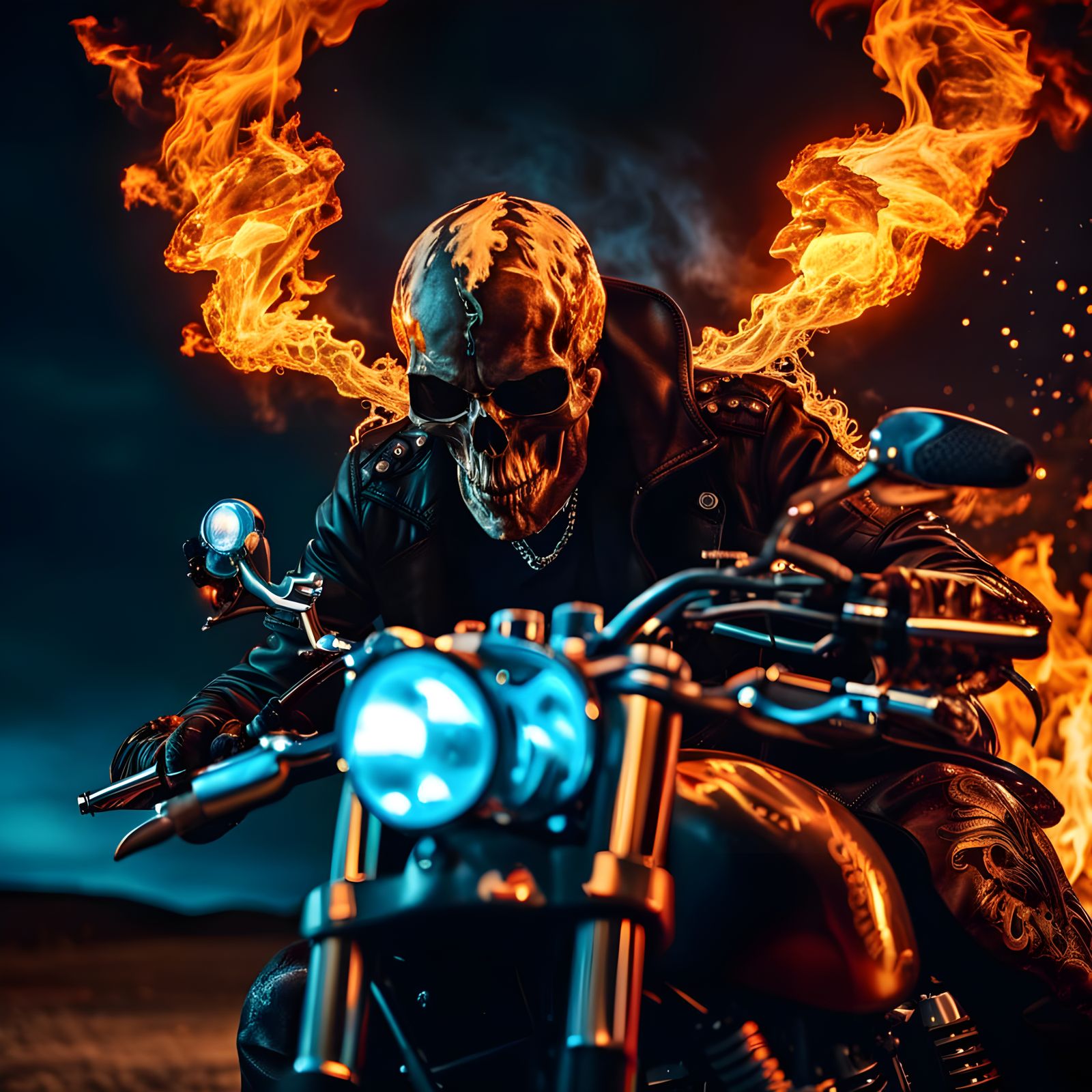 Flaming Demon Antelope Rider on Skull Motorcycle