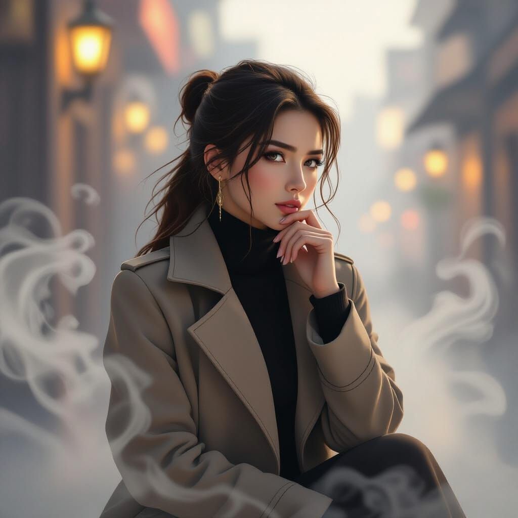 Contemplative Woman in Mist: Digital Art Fusion