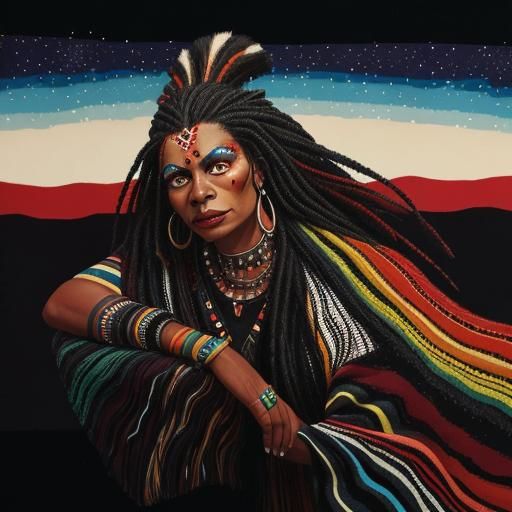 Aboriginal Dreamtime Landscape with Moon and Stars