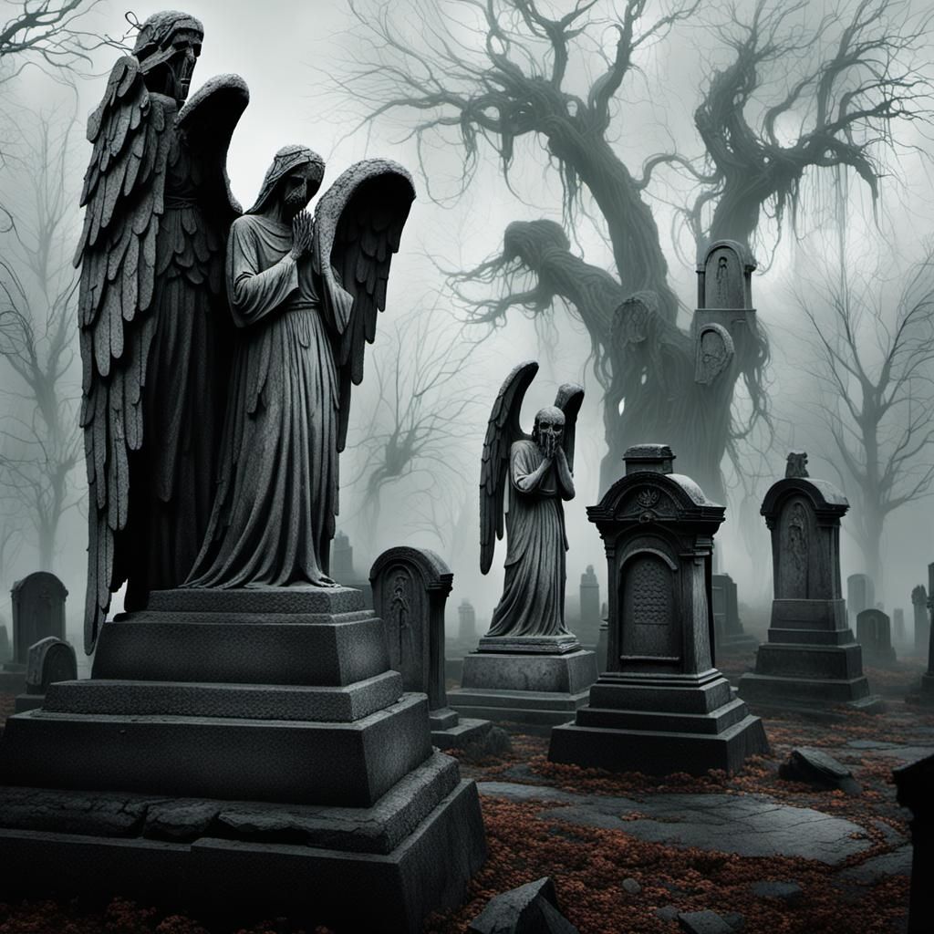 Weeping Angels in Ethereal Graveyard, Dark Fantasy Art
