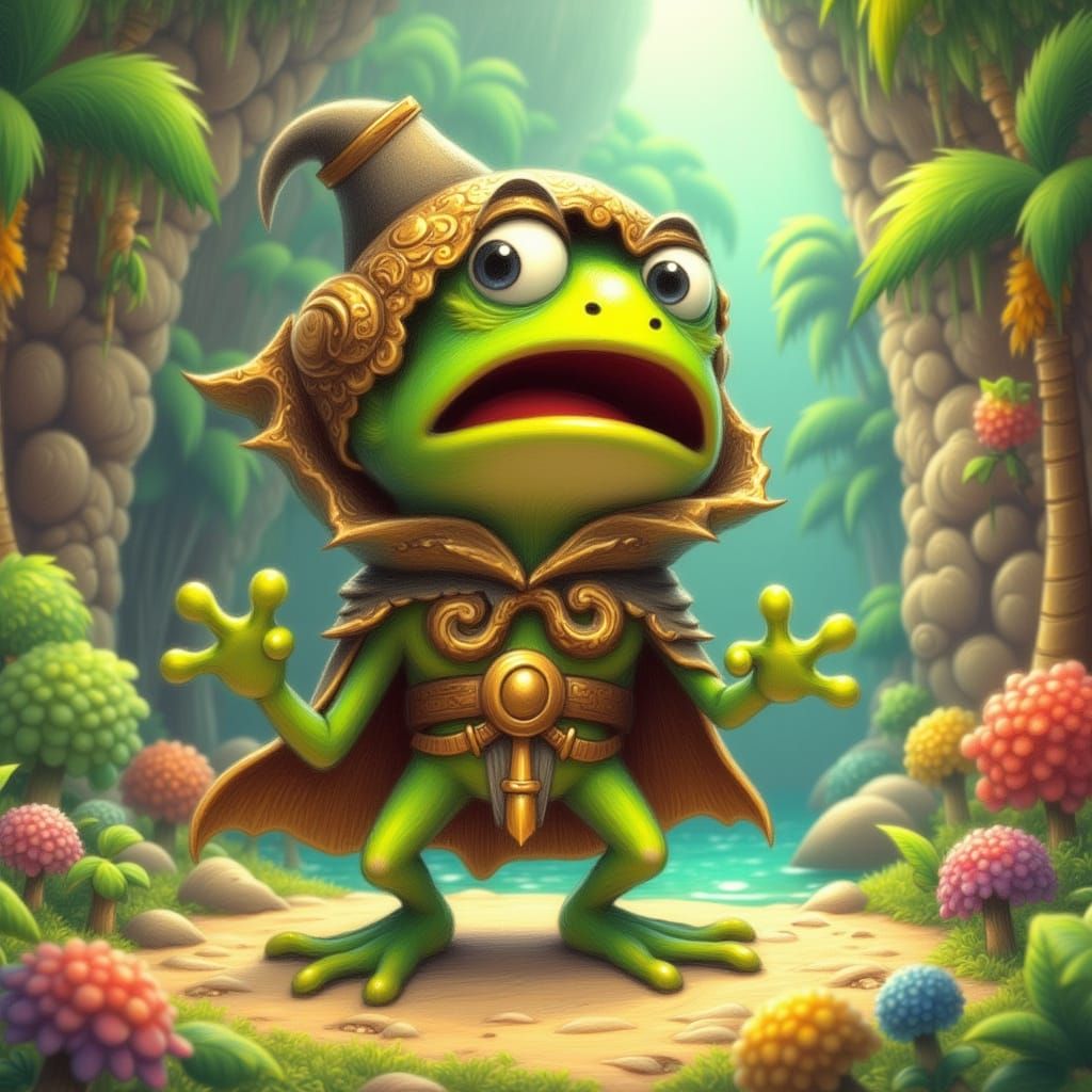 Frightened Frog in Whimsical Fantasy World