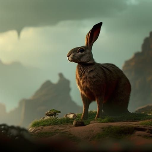 Warrior Rabbit in a Detailed Fantasy Matte Painting