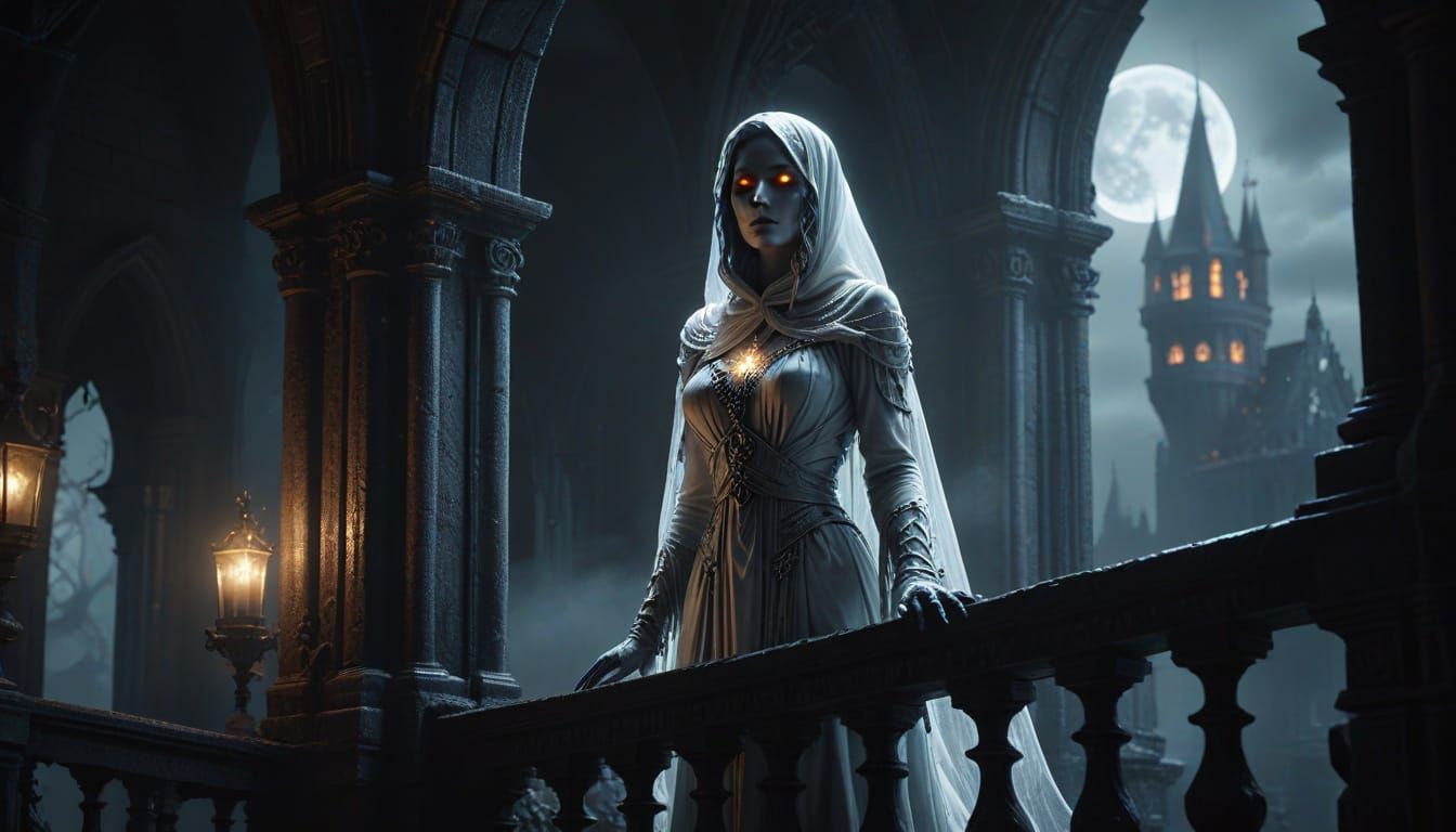 Spectral Woman on Gothic Castle Balcony in Somber Moonlit Ni...