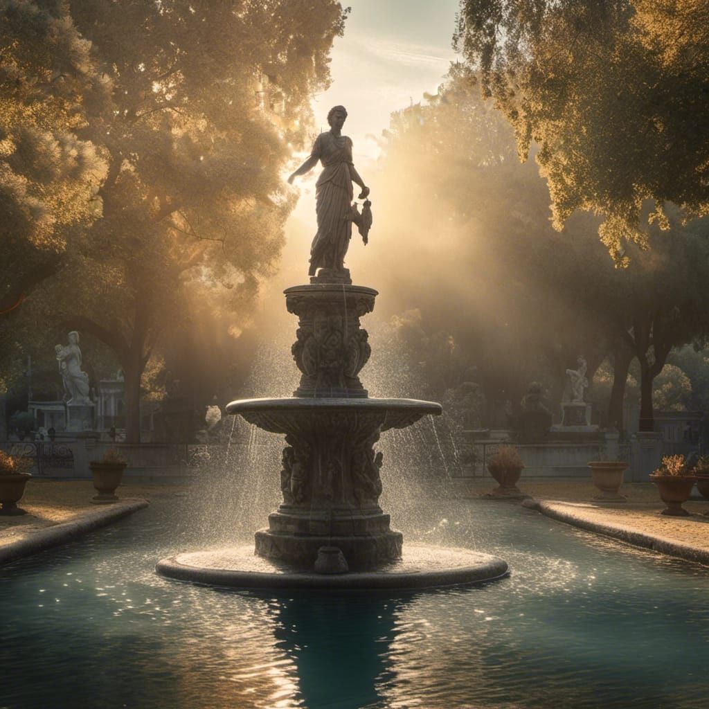 <lora:Live Statues SDXL:1.0> Ornate concrete fountain, in the center concrete statue of a woman