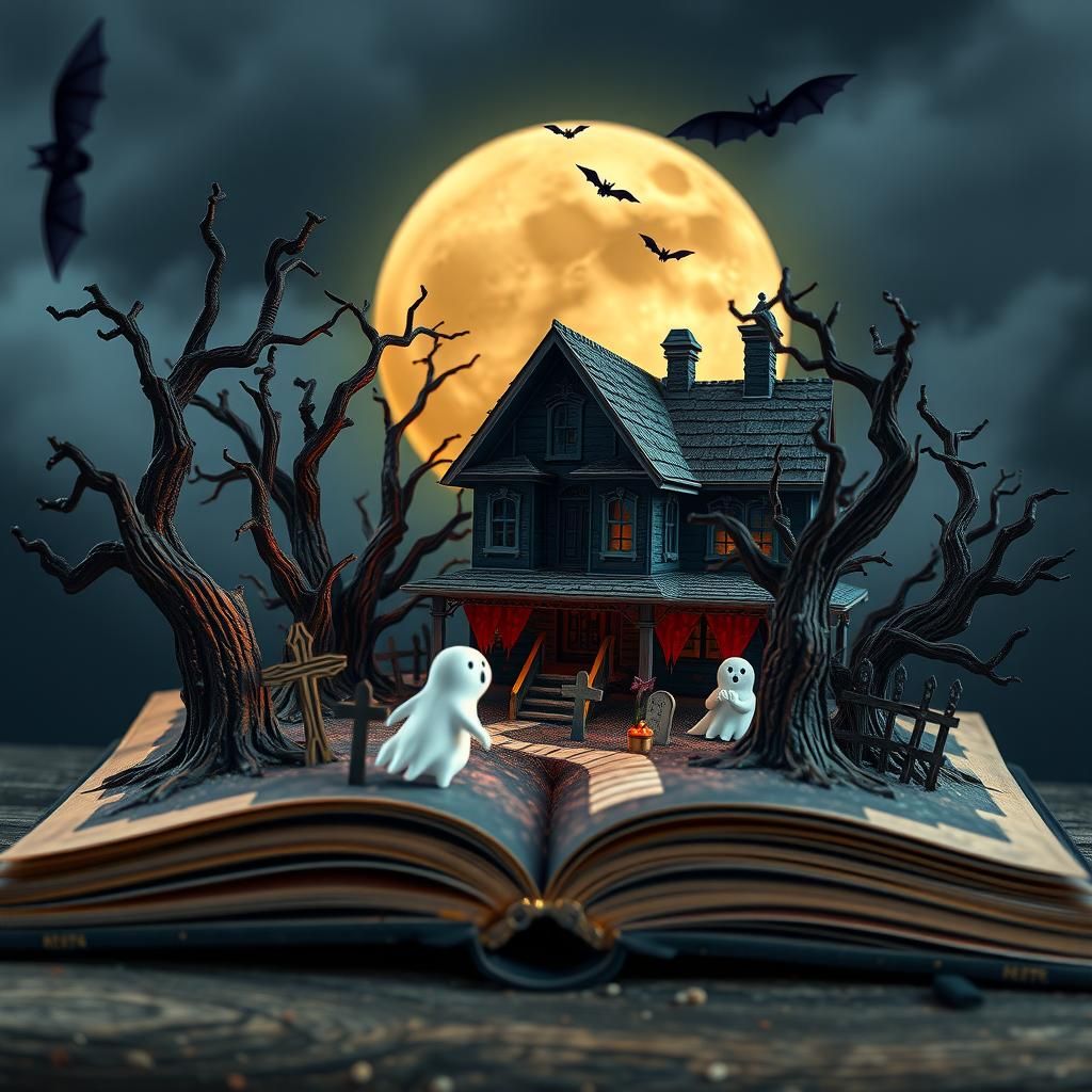 Haunted House Popup Book Scene with Ghosts