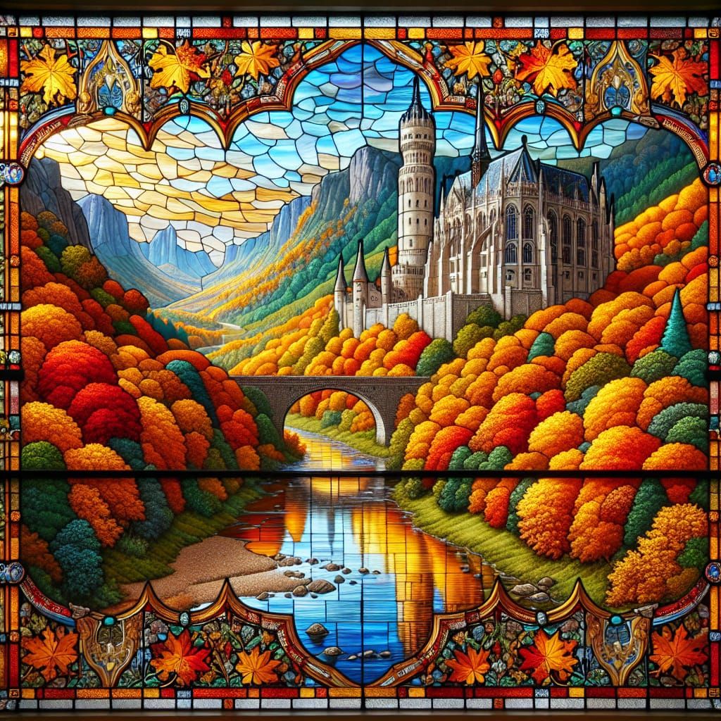 Stained Glass Autumn Castle Overlook