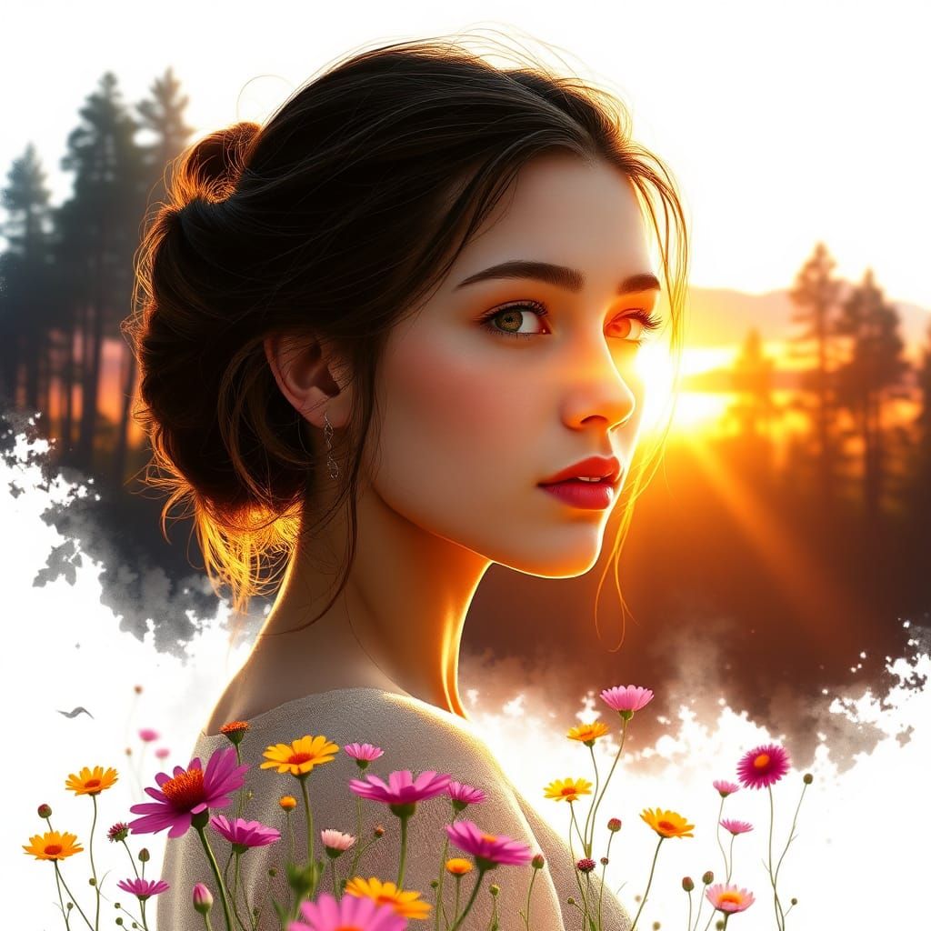 Sunset Forest Silhouette with Meadow Flowers