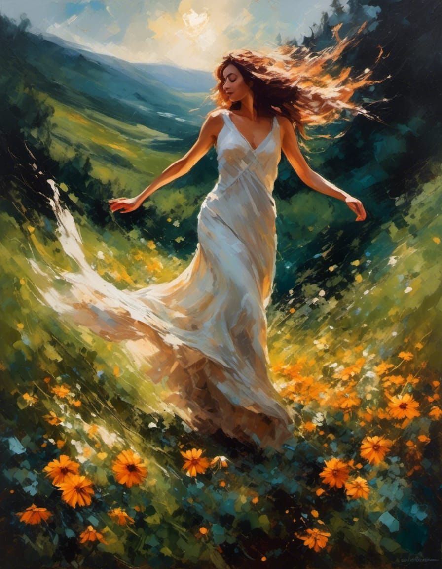 Grungy Oil Painting of Woman Dancing in Meadow