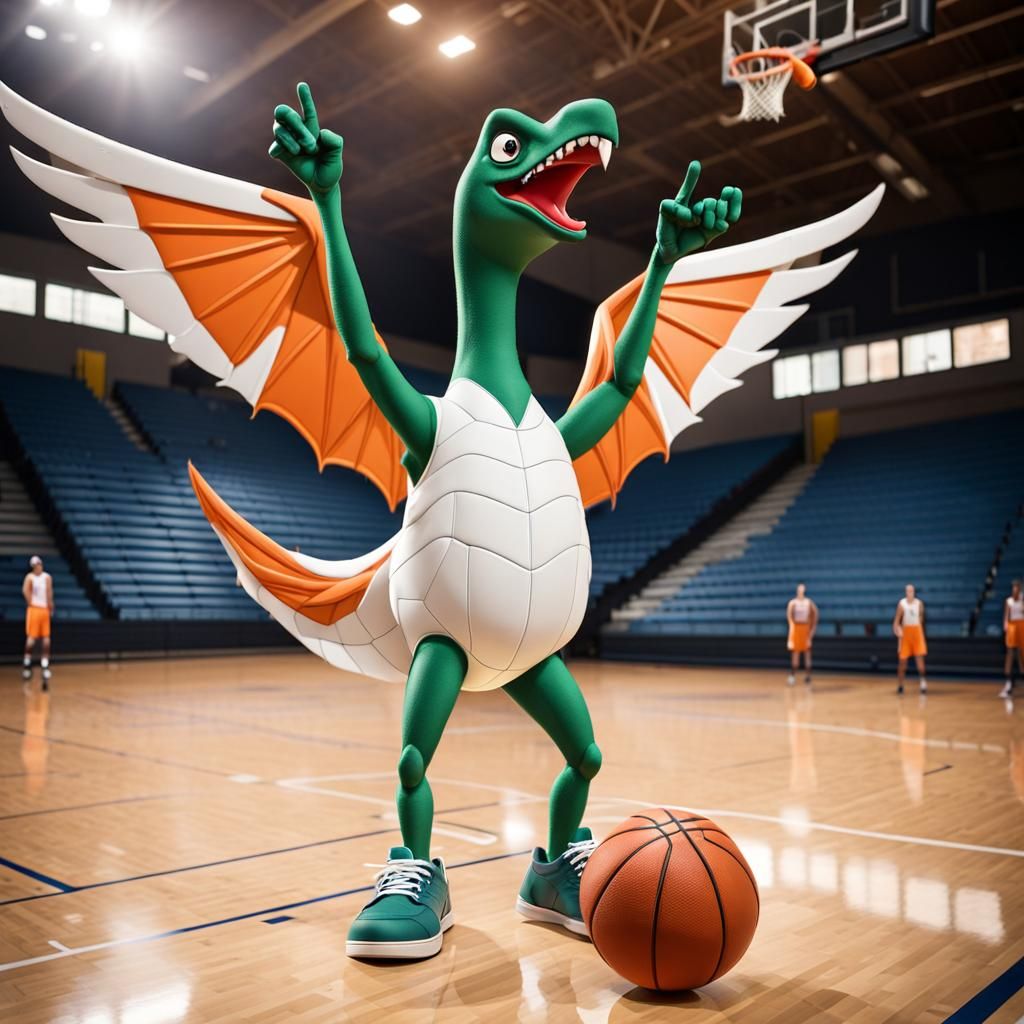 Pterodactyl Sports Mascot on Basketball Court