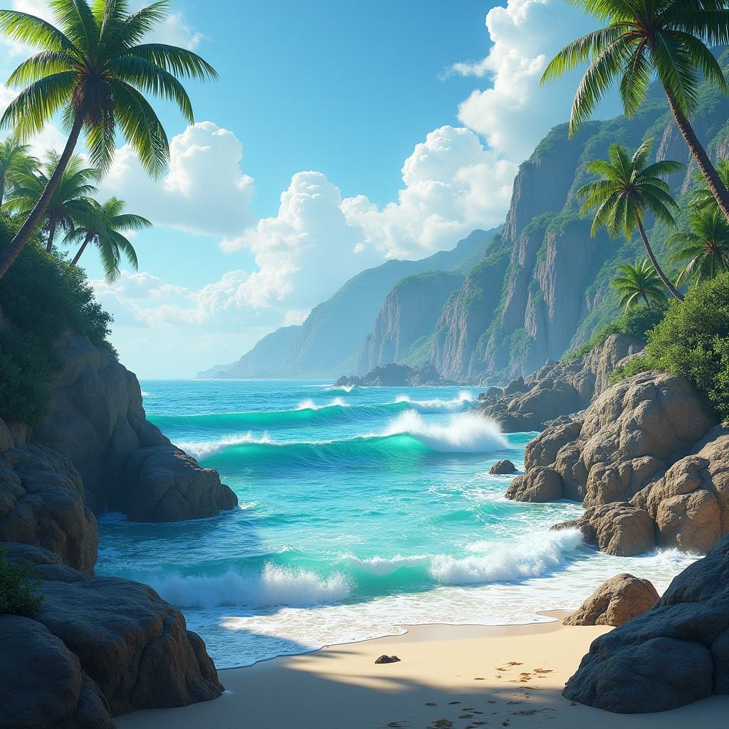 Turquoise Ocean Waves Crashing: Hyperrealistic 3D Rendering