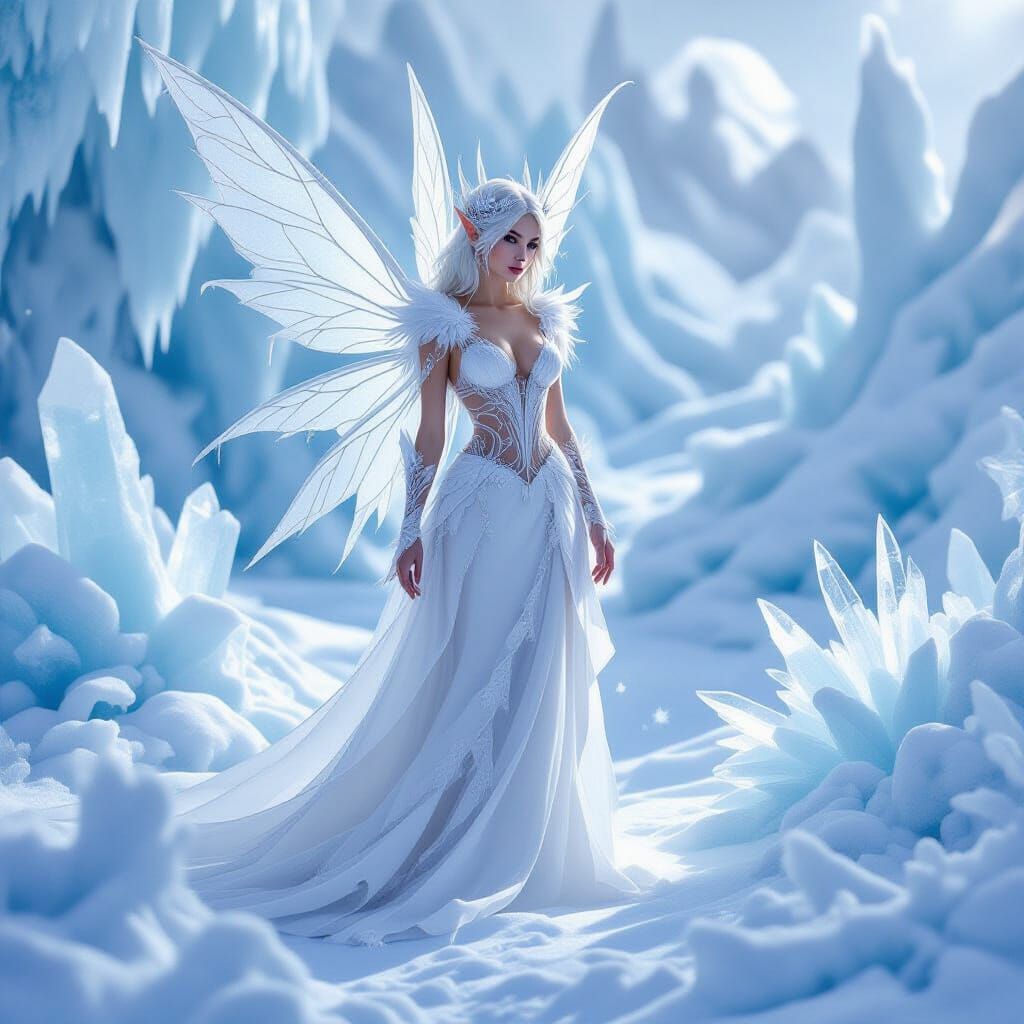 Icy Fairy in White Monochromatic Landscape