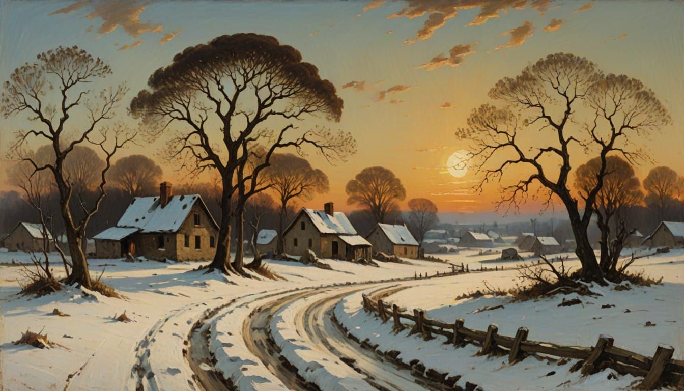 Winter Village in Warm, Golden Light