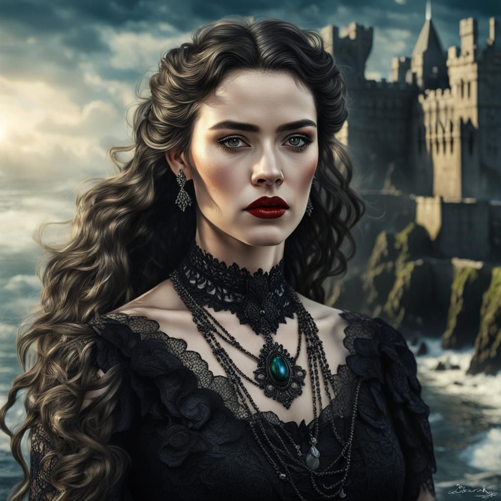Hyperrealistic Irish Woman with Black Castle