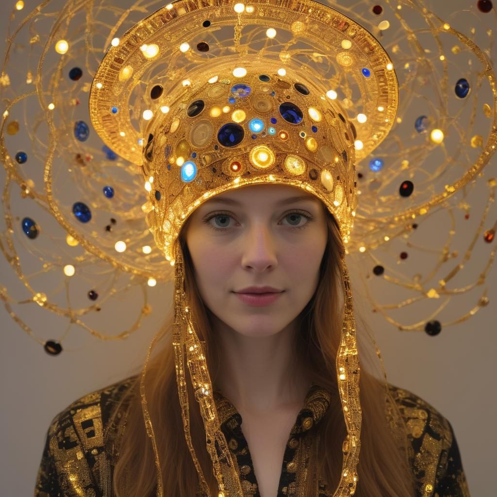 Glowing Klimt-Inspired Quantum Hat on Display