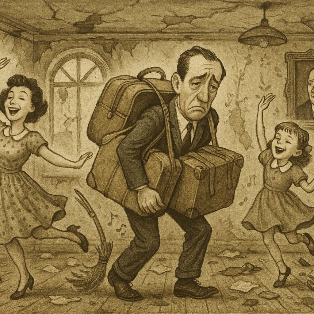 Surreal 1950s Family Scene in Derelict Chamber