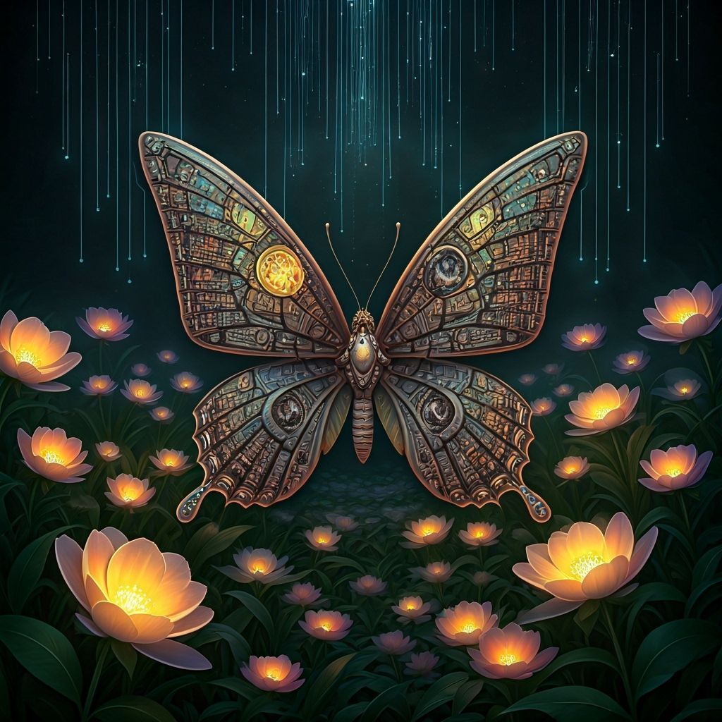 Cybernetic Butterfly with Stained Glass Wings in Luminous Ga...
