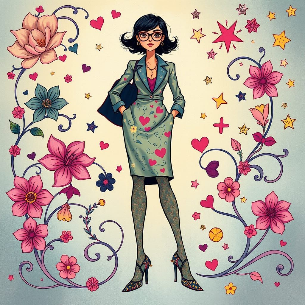 Confident Woman in Whimsical Patterns and Colors