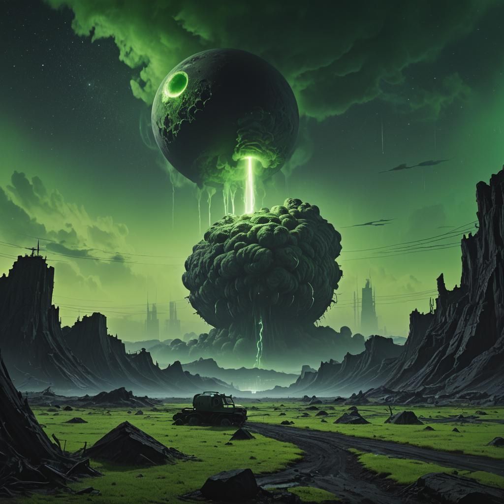 Nuclear Bomb Beneath Black Moon: Dark Fantasy Art