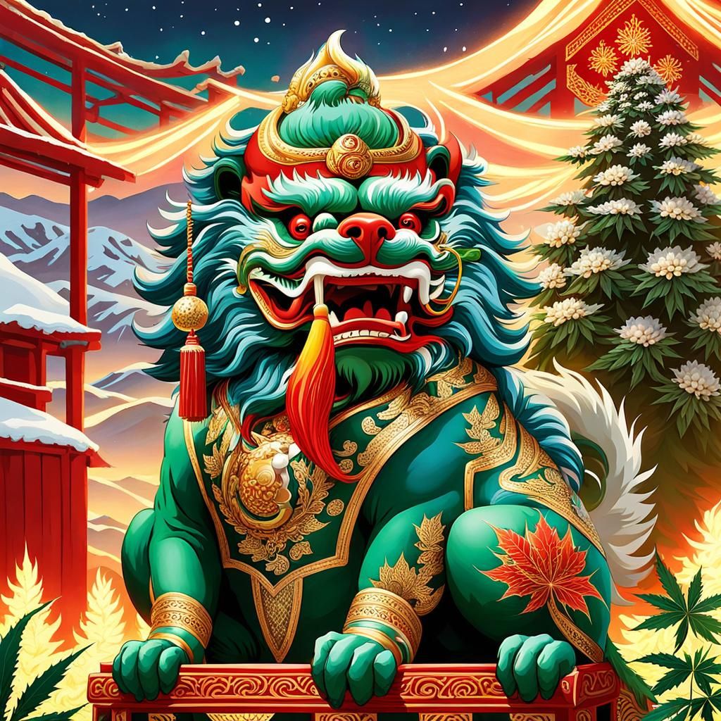 Christmas Foo Dog Smokes Joint on Cannabis Farm