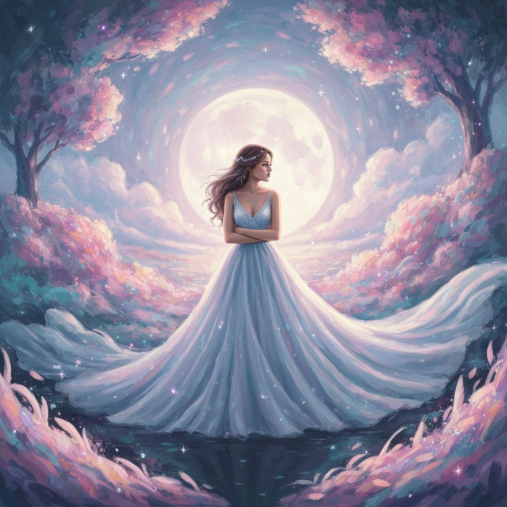 Ethereal Woman in Moonlit Landscape Painting