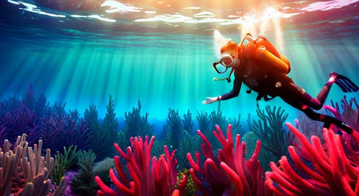 Diver in Rainbow Ocean: Hyperdetailed Concept Art